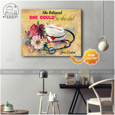 She Believed She Could So She Did Personalized Nurse Wall Art Canvas 3 fd2ab2a3 1765 11eb a372 0242ac120002 cv ngang 16x20 optimized