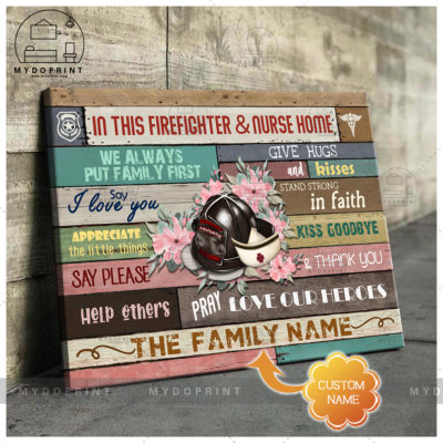 In This Firefighter & Nurse Home Personalized Wall Art Canvas 5 mockup ngang moi