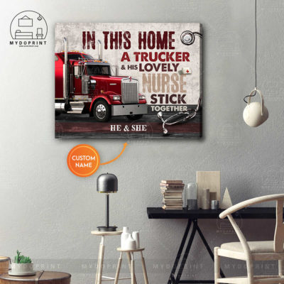 In This Home A Trucker His Lovely Nurse Stick Together Personalized Wall Art Canvas Version Red Truck 2 63851606 8c59 11eb 977d 0242ac120002 canvashorizontal16x20 optimized