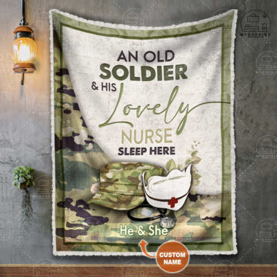 An Old Soldier & His Lovely Nurse Sleep Here Personalized Fleece Blanket 2 264a08c8 8e21 11eb 977d 0242ac120002 blanket treo mockup 1 optimized