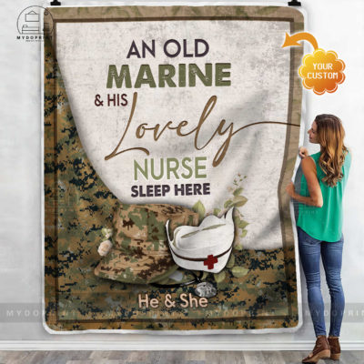 An Old Marine & His Lovely Nurse Sleep Here Personalized Fleece Blanket 3 437e0753 8e22 11eb 977d 0242ac120002 mokup ao xanh optimized