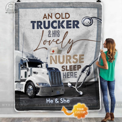 An Old Trucker & His Lovely Nurse Sleep Here Personalized Fleece Blanket Version White Truck 2 187da507 9076 11eb 9ea8 0242ac120002 mokup ao xanh optimized