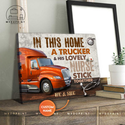 In This Home A Trucker & His Lovely Nurse Stick Together Personalized Wall Art Canvas Version Orange Truck 3 2bd0d9c2 91d3 11eb 9ea8 0242ac120002 canvashorizontal20x24 optimized