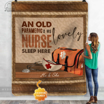 An Old Paramedic & His Lovely Nurse Sleep Here Personalized Fleece Blanket 1 3af409f4 977f 11eb b217 0242ac120002 mokup ao xanh optimized