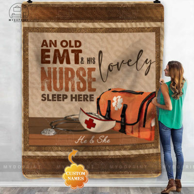 An Old EMT & His Lovely Nurse Sleep Here Personalized Fleece Blanket 4 mokup ao xanh optimized