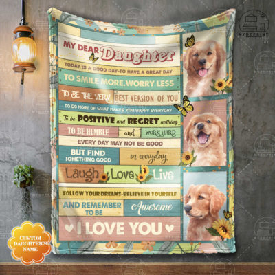 My Dear Daughter Today Is A Good Day Golden Retriever Personalized Fleece Blanket 2 8b0160b0 9935 11eb a542 0242ac120002 blanket treo mockup 1 optimized