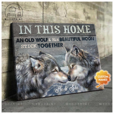 In This Home An Old Wolf & His Beautiful Moon Stick Together Personalized Wall Art Canvas 2 908ad68d c461 11eb 92ae 0242ac120002 mockup ngang moi optimized