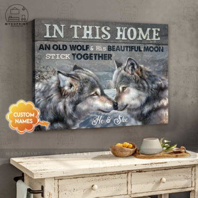 In This Home An Old Wolf & His Beautiful Moon Stick Together Personalized Wall Art Canvas 3 92a9f00c c461 11eb 92ae 0242ac120002 canvashorizontal24x30 4con optimized
