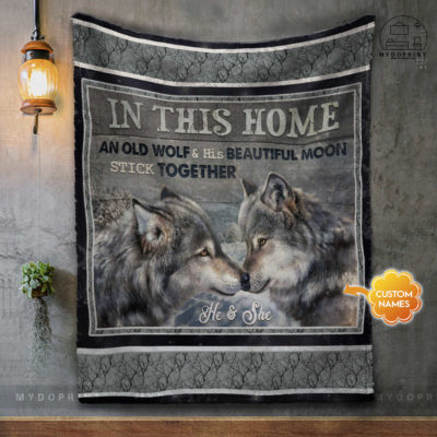 In This Home An Old Wolf & His Beautiful Moon Stick Together Personalized Fleece Blanket 2 a2447598 c511 11eb 92ae 0242ac120002 blanket treo mockup 1 optimized