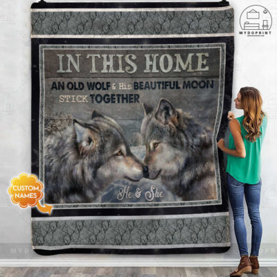 In This Home An Old Wolf & His Beautiful Moon Stick Together Personalized Fleece Blanket 3 a49fd0d3 c511 11eb 92ae 0242ac120002 mokup ao xanh 1 optimized