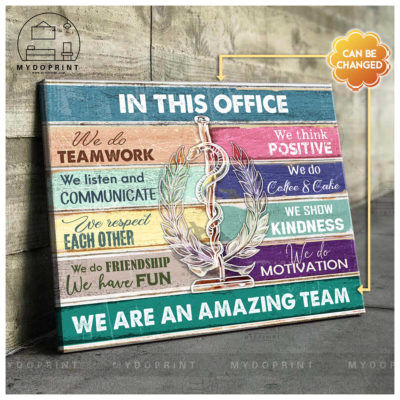 In This Office We Are An Amazing Team Rod Of Asclepius Personalized Wall Art Canvas 5 mockup ngang moi optimized 3