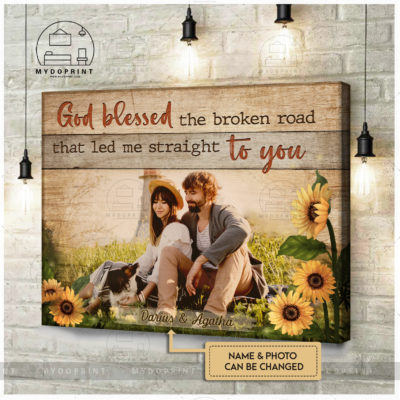 Anniversary Gifts God Blessed The Broken Road That Led Me Straight To You Sunflower Custom Photo Canvas Wall Art 4 cv ngang new 1