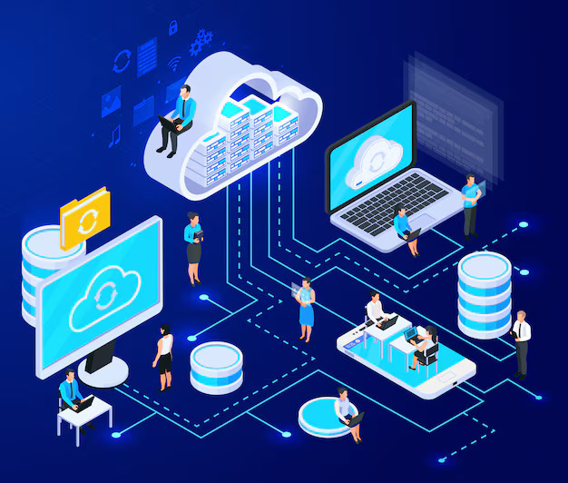 cloud services isometric composition with big cloud computing infrastructure elements connected with dashed lines vector illustration 1284 30495