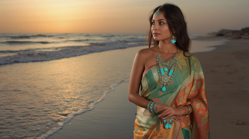 give me a image of lady to wear saree and wear turquoise jewelry all items on the beach 1