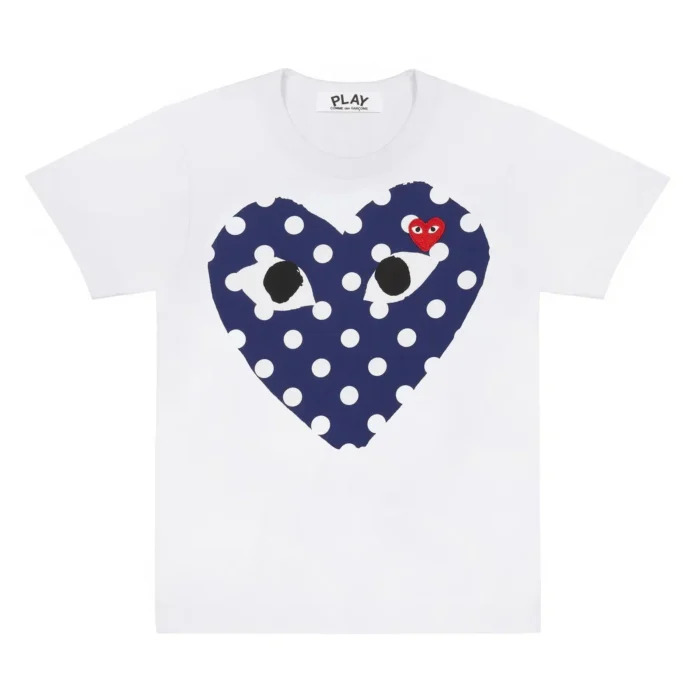 CDG White T Shirt With Polka Dots Printed Heart 700x700 1