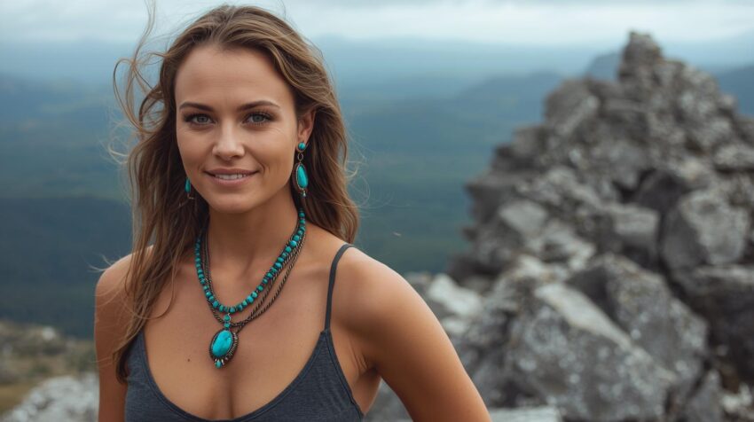 give me a image of lady and wear turquoise jewelry all items on the mountain