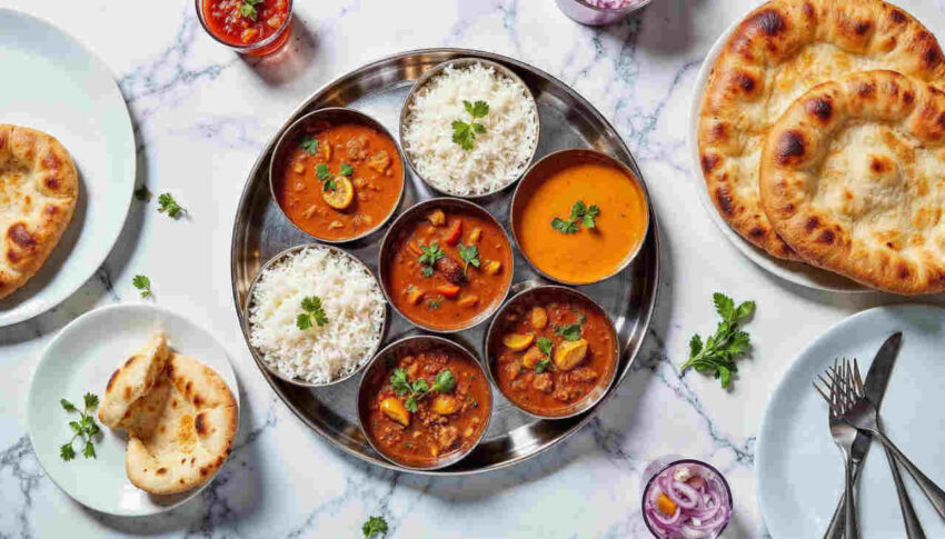 delicious indian thali with naan bread rice 1 1