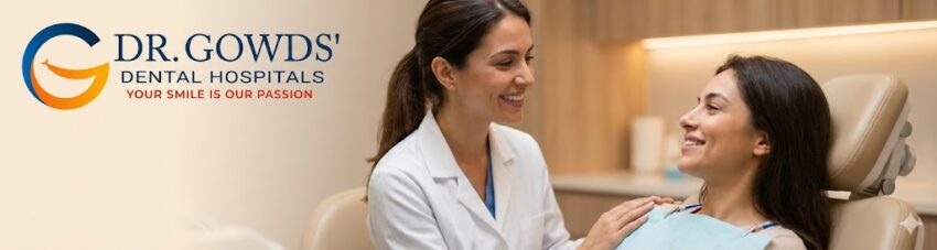 A compassionate dentist at Dr. Gowds Dental Hospitals smiling warmly and reassuring a relaxed happy patient in a comfortable stress free dental clinic