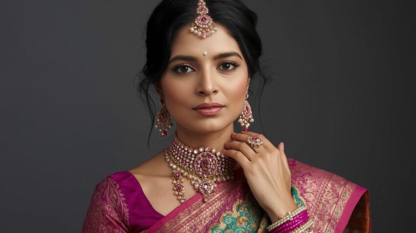 give me a image of lady to wear saree and wear rhodochrosite jewelry all items 4 1