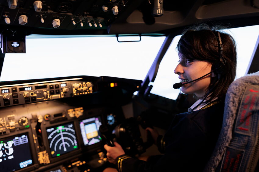 aircrew member flying plane from cockpit with dashboard command control panel using steering wheel control panel windscreen navigation woman using lever fly aircraft 1 1