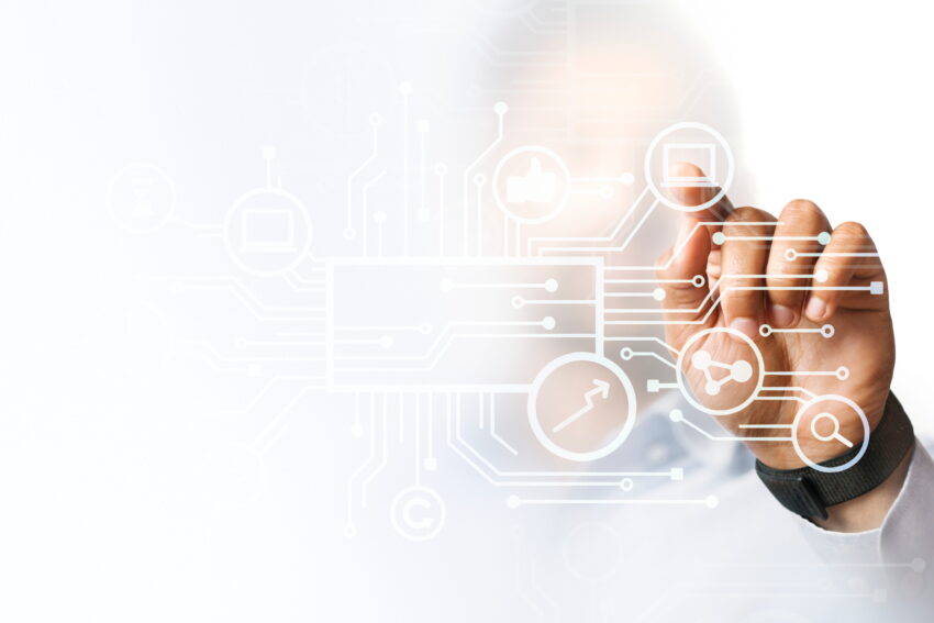 businessman pointing his presentation futuristic digital screen 1