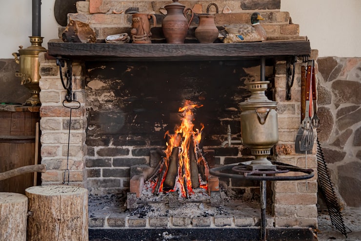 large fireplace with burning fire decorative items 169016 4329