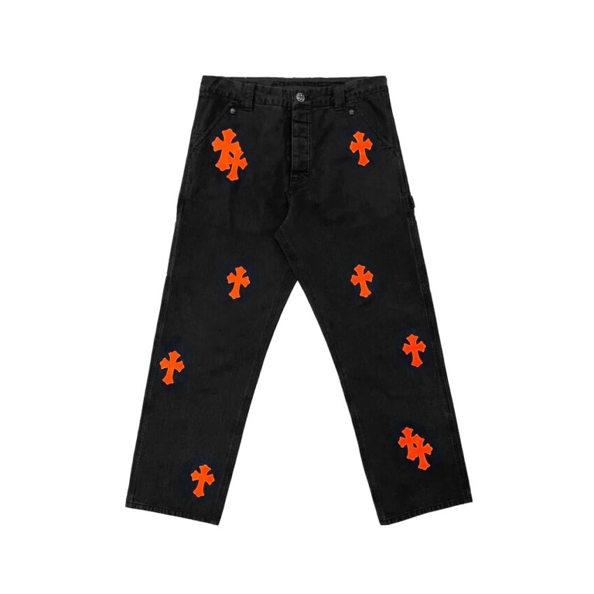 Chrome Hearts Black Carpenter Jeans Orange Cross Leather Patch