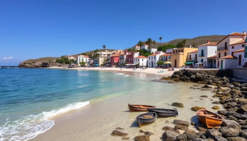 Generate an image of Sassandras beautiful beaches and colonial architecture 1024x585 1