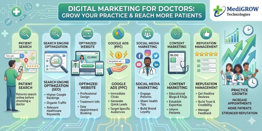 Digital marketing for doctors infographic by MediGROW Technologies showing strategies to grow a medical practice