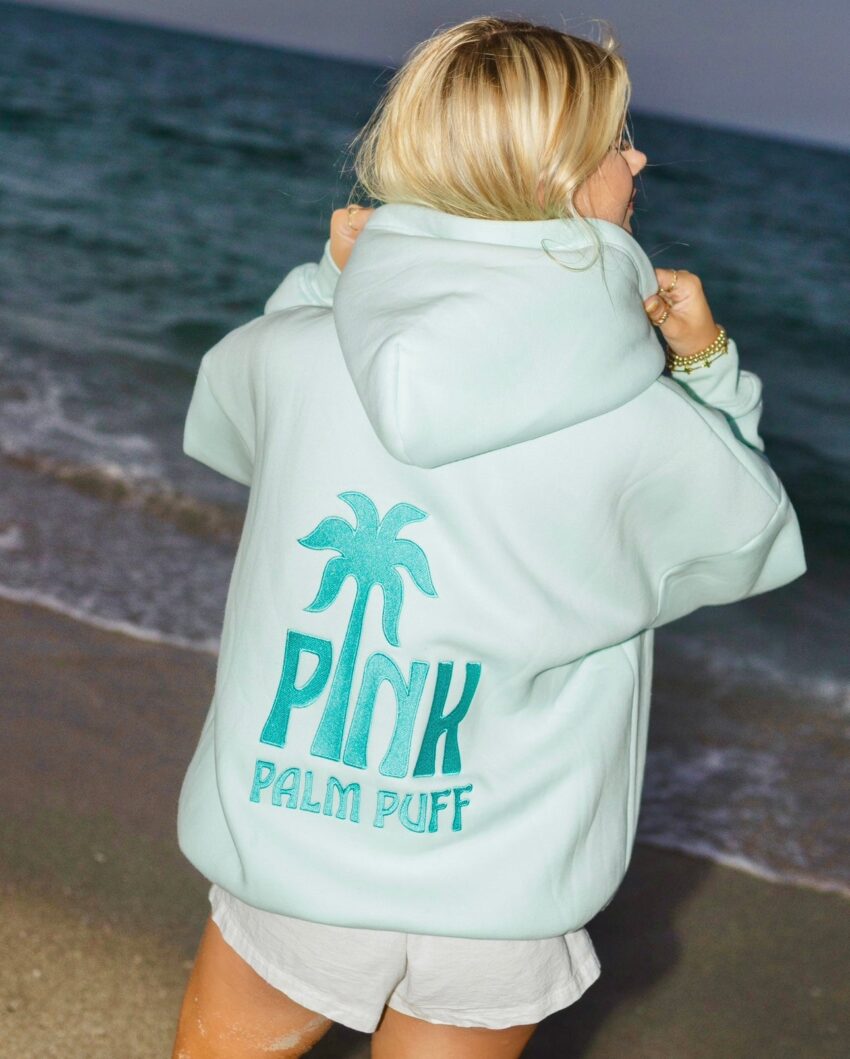 Classic Pink Palm Puff Hoodie in Mint Breeze