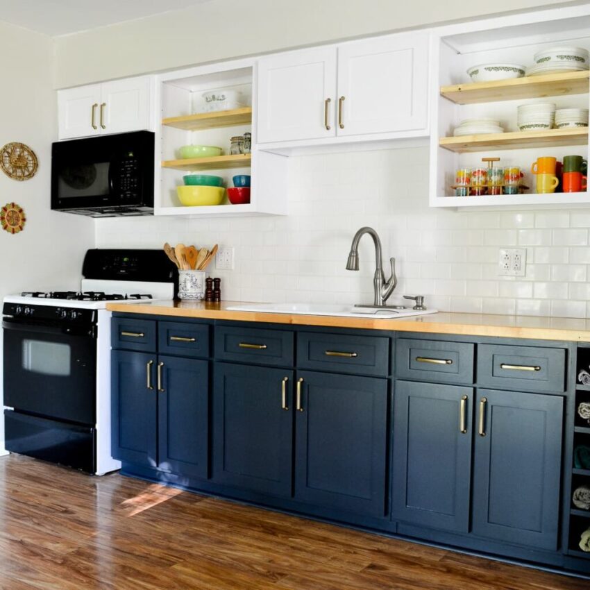 dark blue cabinets with white uppers painted in benjamin moore advance paint 1024x1024 1