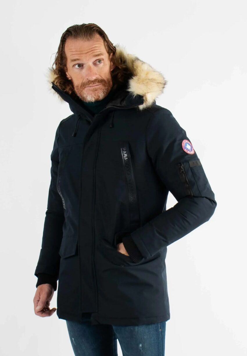 Parka Homme Paragoose DAVOS %E2%80%93 Veste Hiver a Capuche Fourrure et Bandes Logo %E2%80%93 Navy Elegant