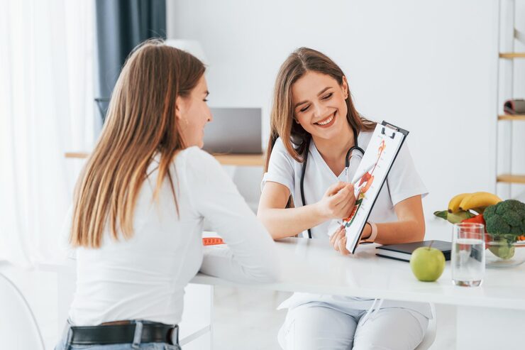 woman showing illustration female customer professional medical worker white coat is office 146671 69759 1