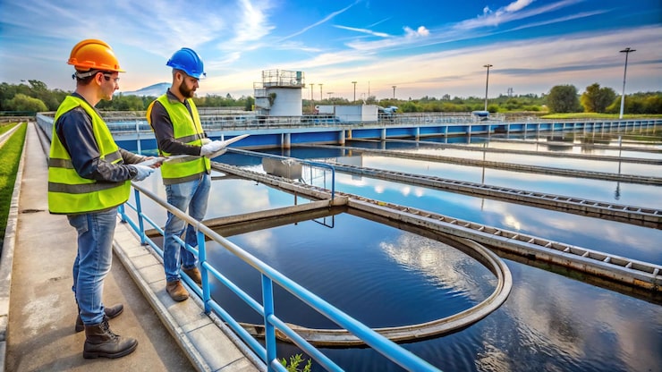 workers checking wastewater treatment pond large industry 269655 44028