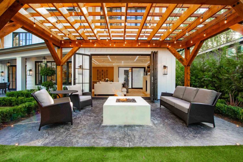 homeguide backyard patio with pergola and fire pit