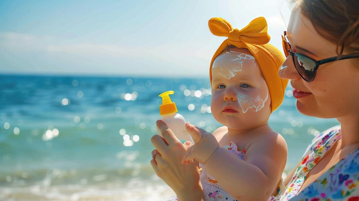 mother applies cream baby beach 472916 27429