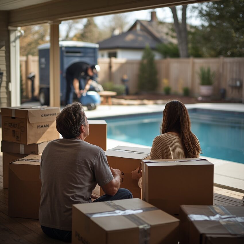 lucid origin A homeowner surrounded by moving boxes on a patio looking curiously at their new 0