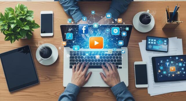 digital marketing and social media strategy concept hands typing on laptop surrounded by devices photo