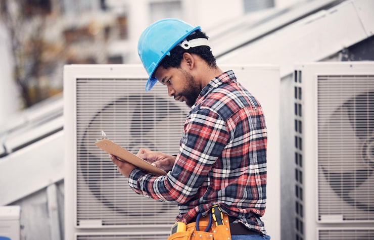 technician checklist air conditioning inspection roof safety power maintenance engineer black man paperwork hvac system ac repair quality assurance sustainability 590464 165417