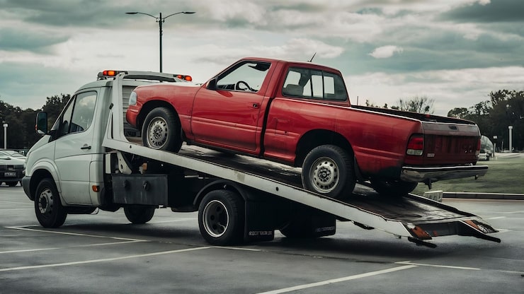 broken red pickup car loaded onto white towing truck public area transportation garage 926199 2781368