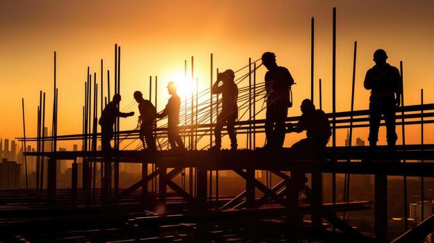 silhouette construction work during sunset time industry construction building concept photo