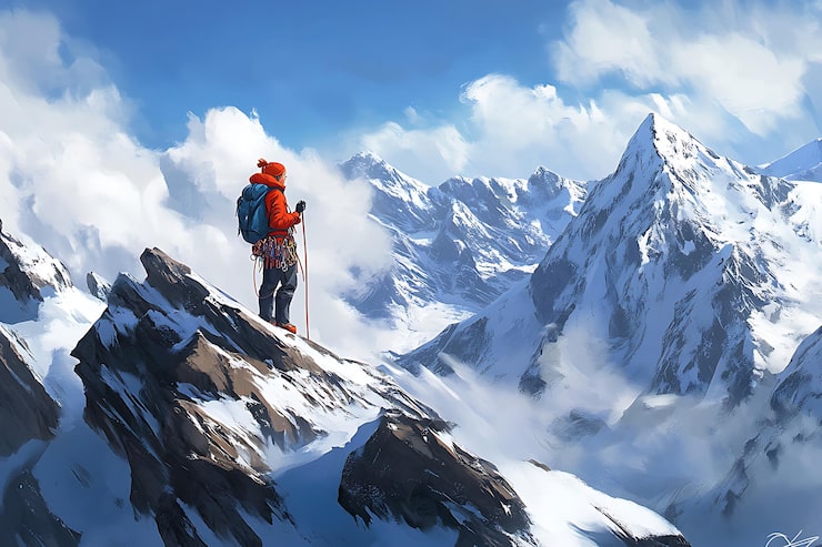 climber standing mountain peak with view snowy mountain range 1282444 88395