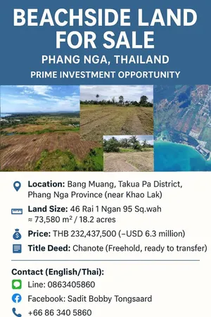 Beachside Land for Sale – Near Khao Lak, Phang Nga 📐 46 Rai 1 Ngan 95 Sq.wah (~73,580 m²)