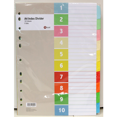 POP BAZIC INDEX DIVIDER A4 10 COLOUR 5 SETS PER PACK
