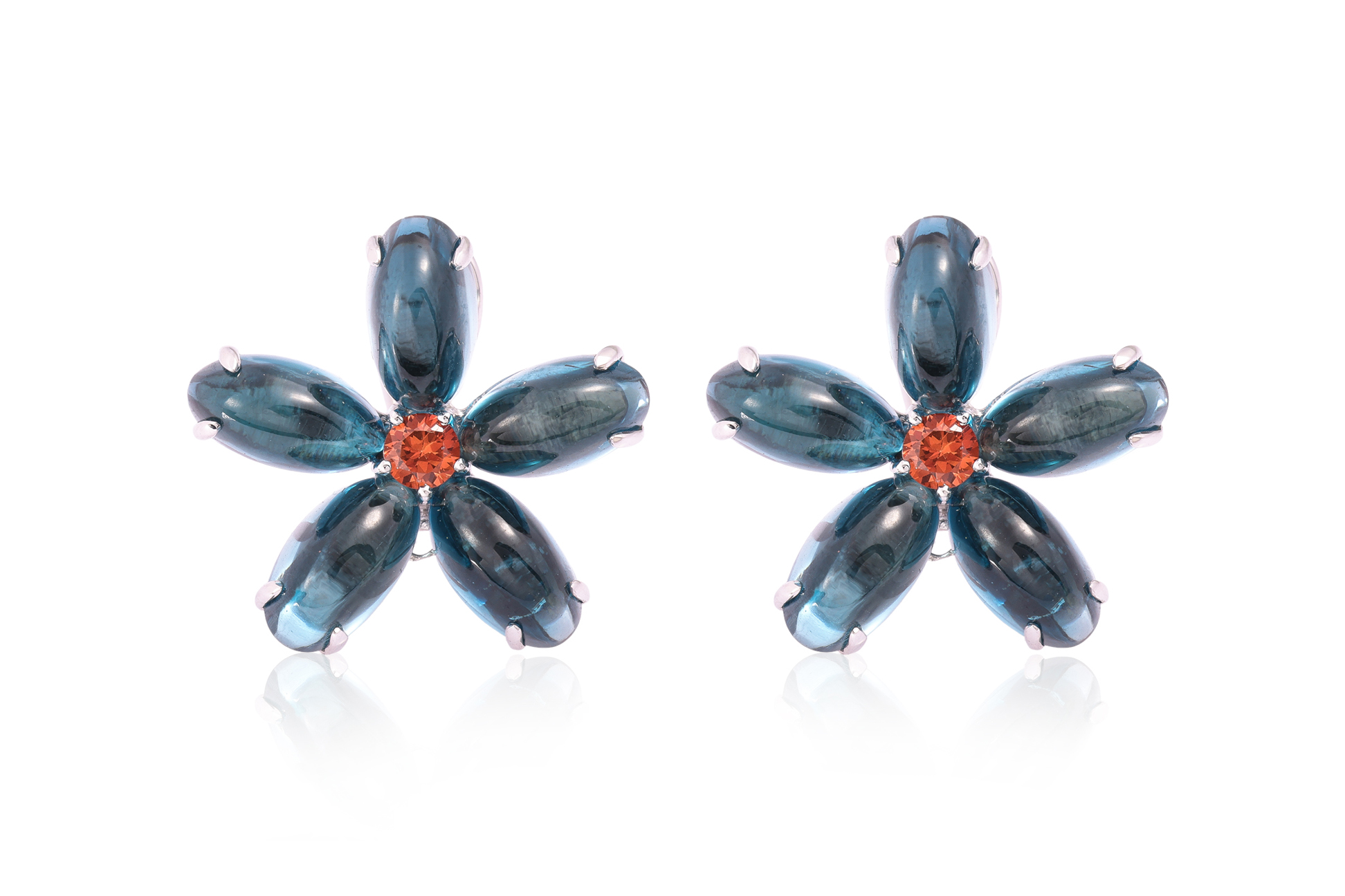 A PAIR OF BLUE TOPAZ AND ORANGE SAPPHIRE 'FLOWER' EARRINGS