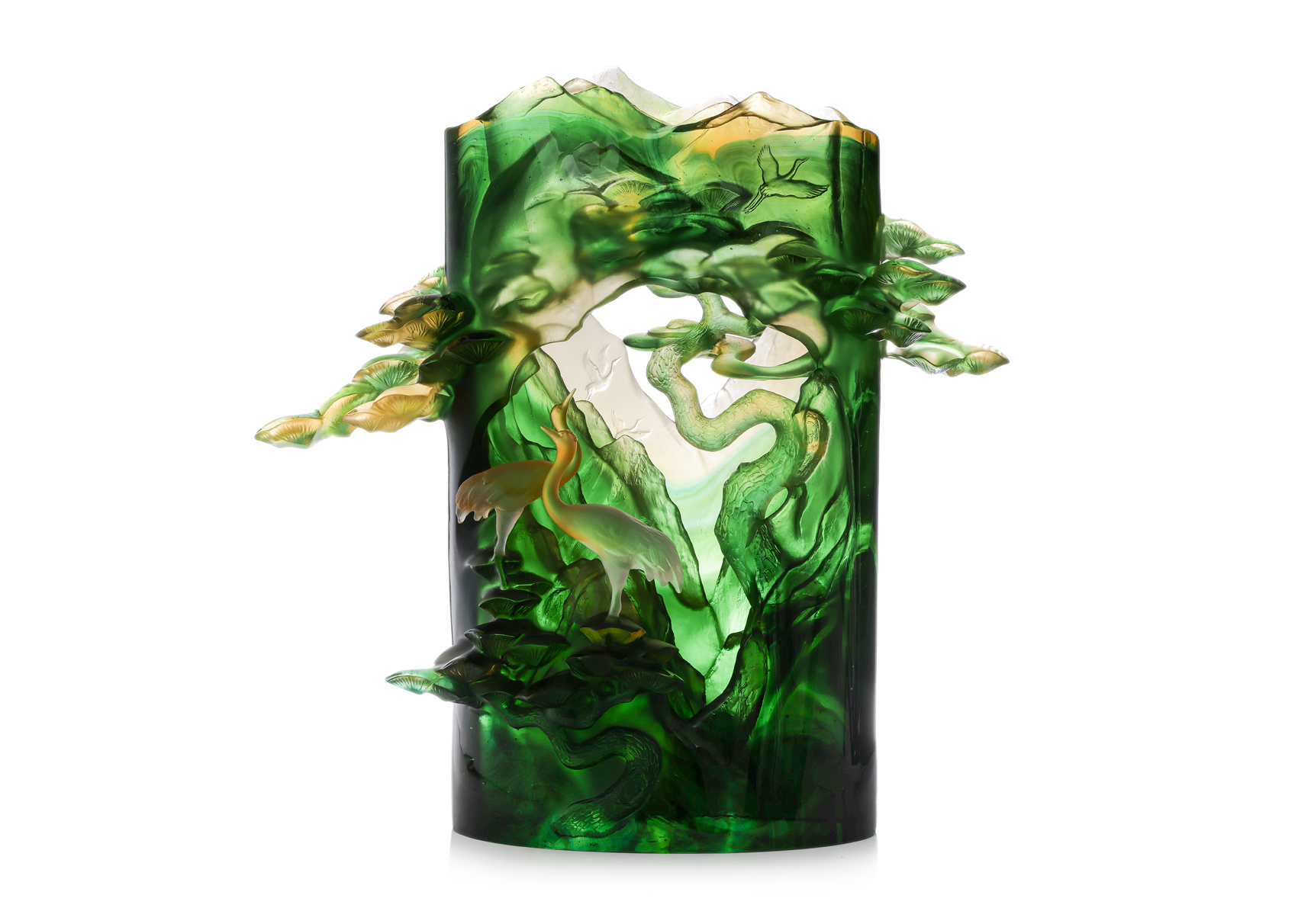 A LARGE TITTOT 'POTTED LANDSCAPE WITH PINES AND CRANES' GLASS SCULPTURE