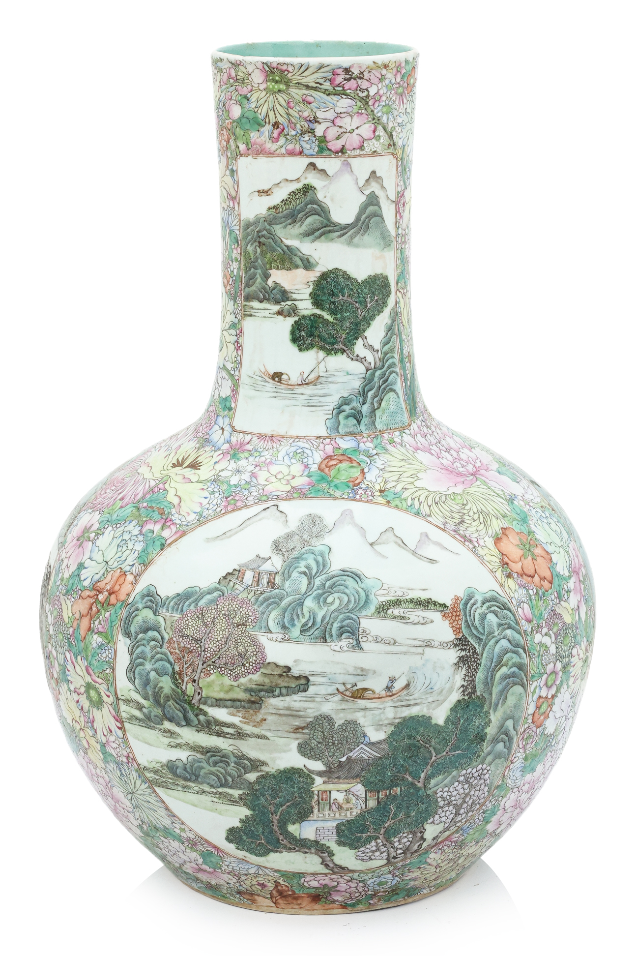 A LARGE MILLE-FLEUR GROUND BOTTLE VASE WITH LANDSCAPE DECORATION