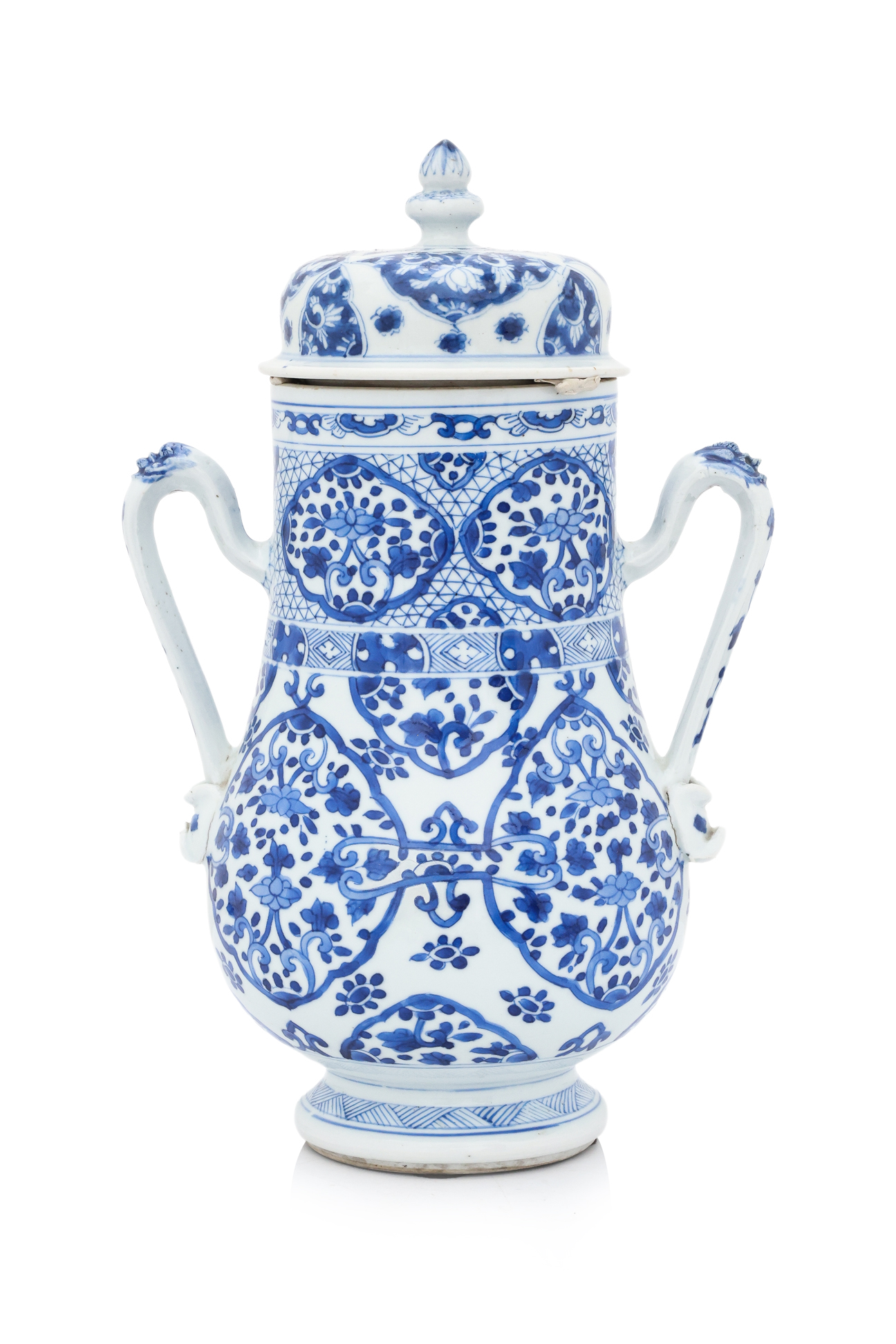 A BLUE AND WHITE BALUSTER JAR AND COVER