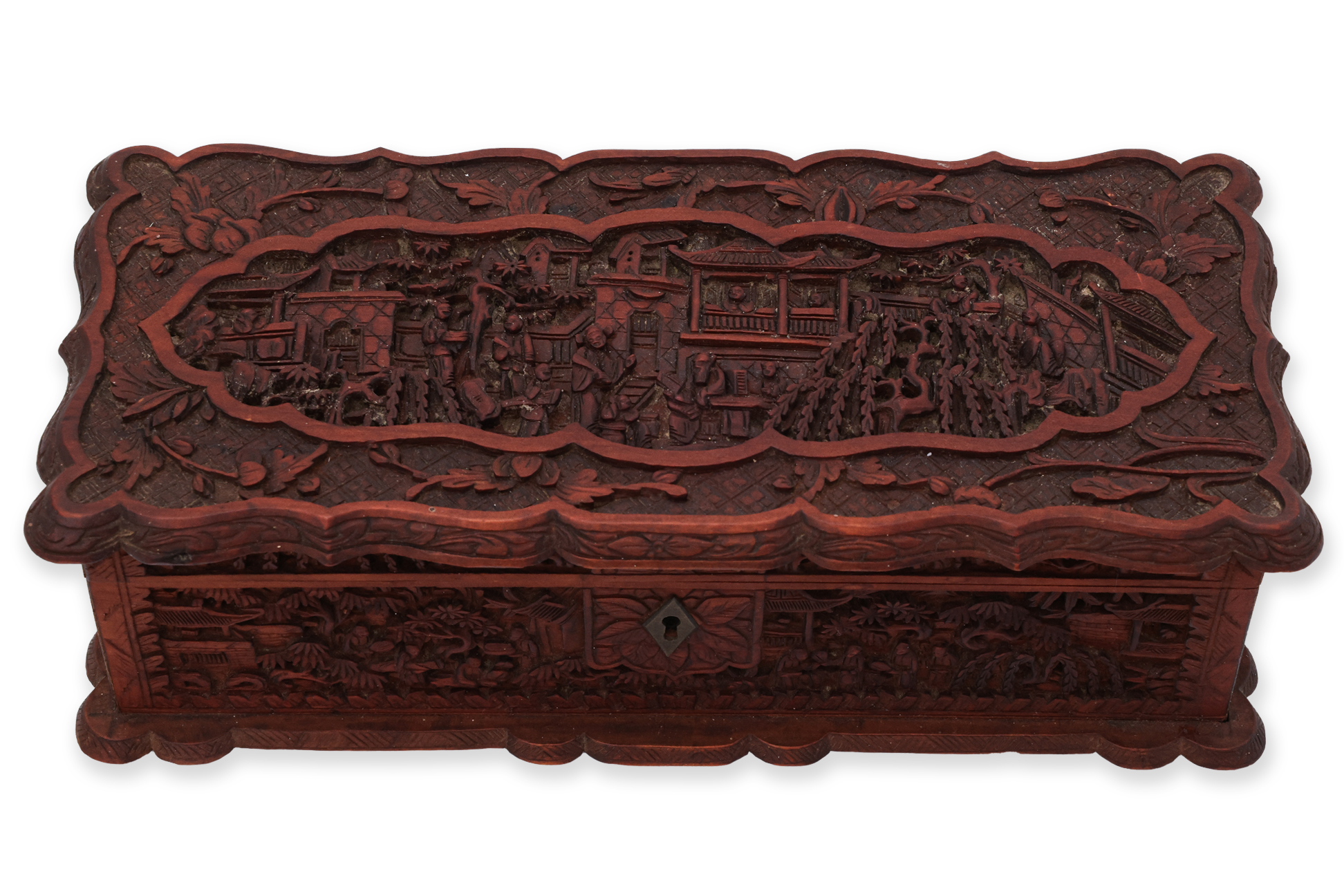 A CHINESE CARVED WOOD RECTANGULAR BOX