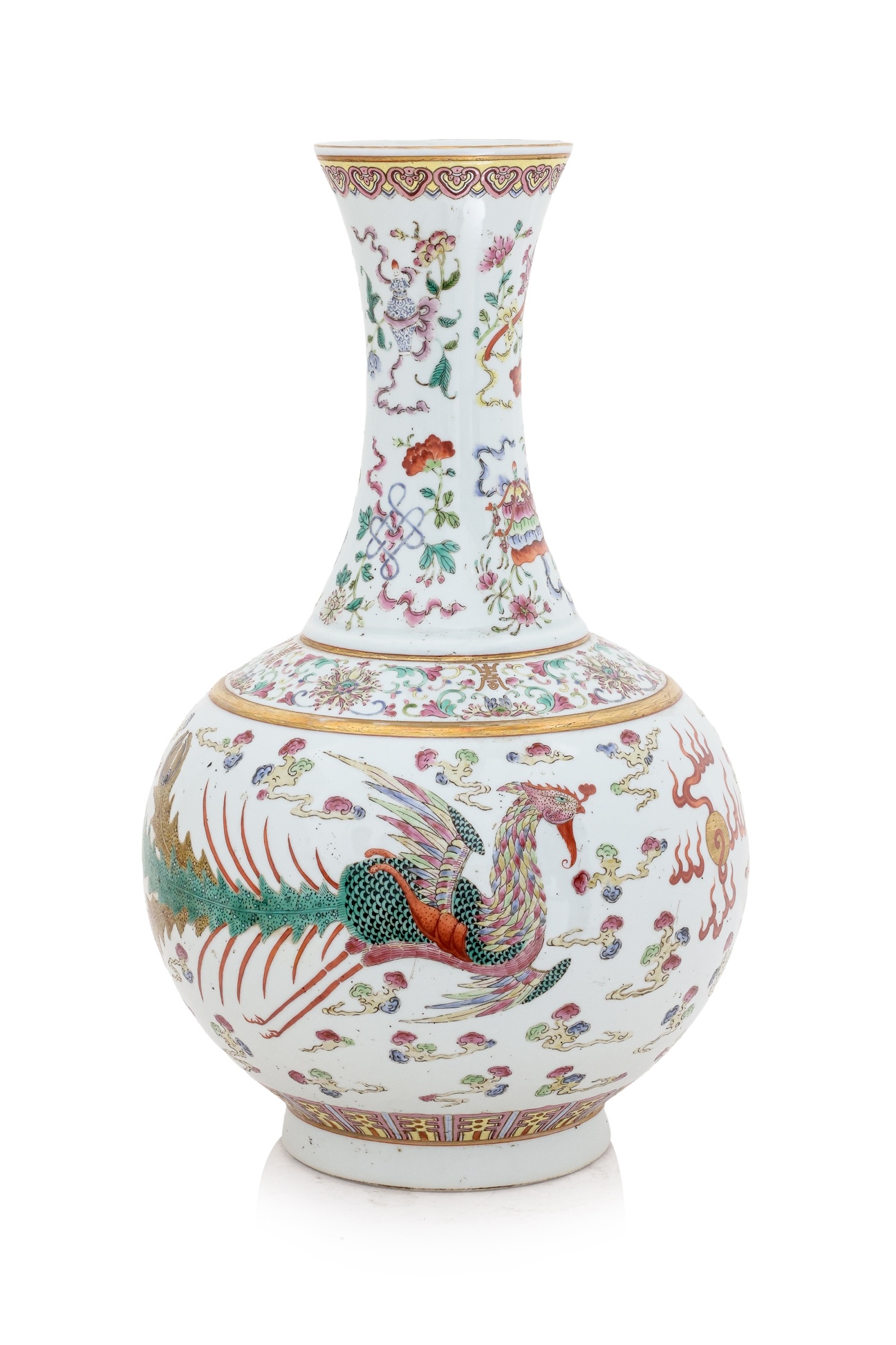 A FAMILLE ROSE DRAGON AND PHOENIX PORCELAIN BOTTLE VASE